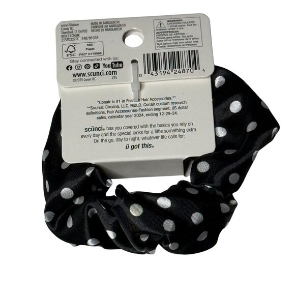 Scunci Satin Polka Dot Scrunchie Black & White Hair Tie - Picture 2 of 2